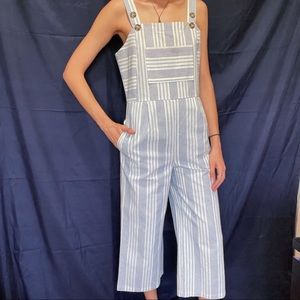 White and blue striped linen cropped overalls